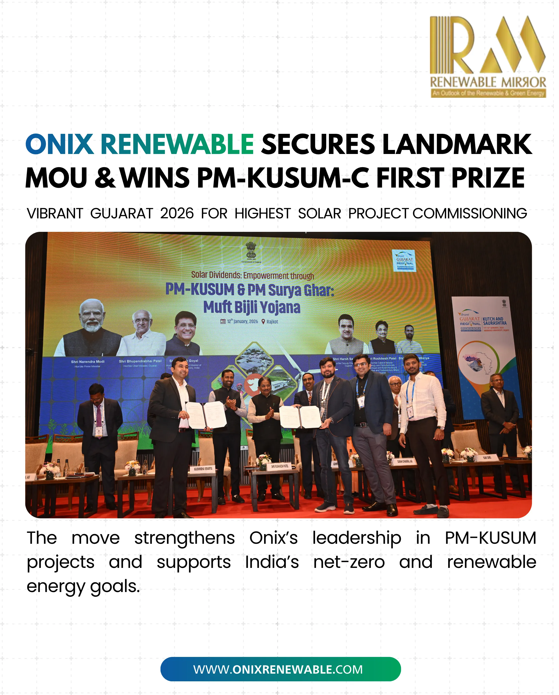 Onix Renewable Secures Landmark MoU & Wins PM-KUSUM-C First Prize at Vibrant Gujarat 2026 for Highest Solar Project Commissioning